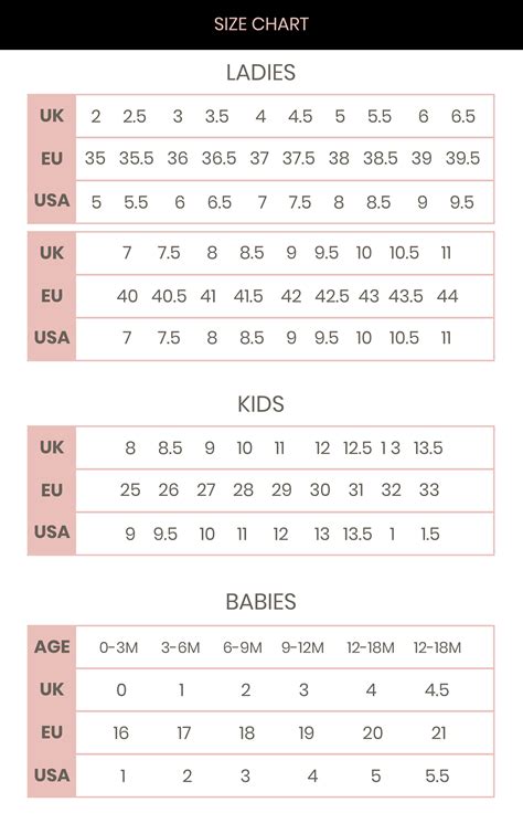 designer shoe size chart